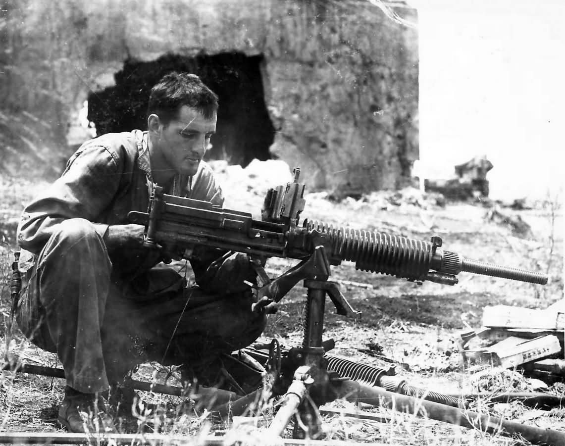 Marine with Captured Japanese Type 92 7,7 mm Machine Gun Saipan