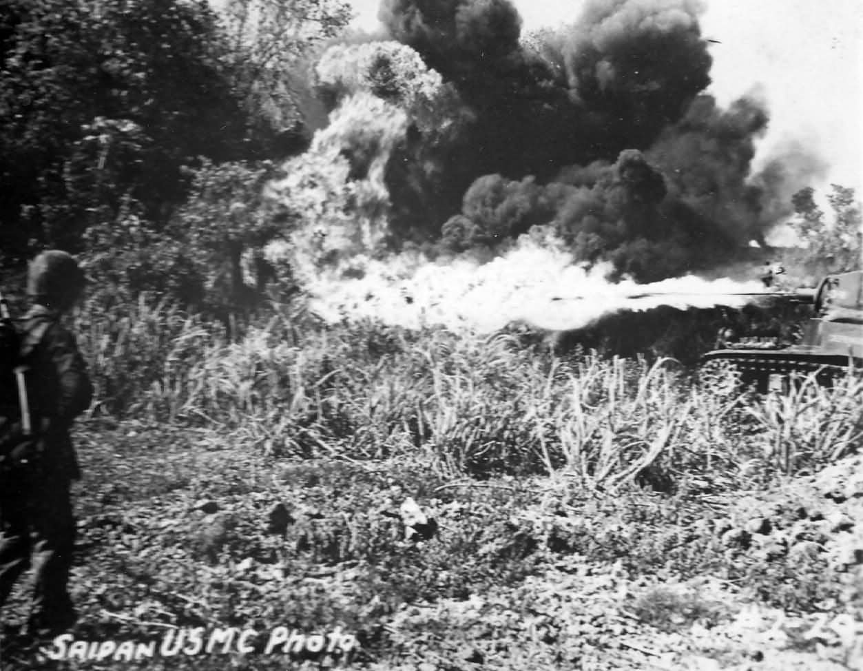 Marines M3A1 Stuart „Satan” D-11 Flame Thrower Tank In Action On Saipan. Tank of the 4th Tank Battalion