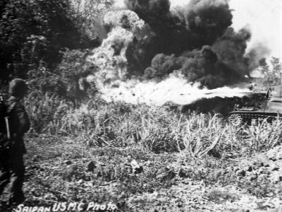 Marines M3A1 Stuart „Satan” D-11 Flame Thrower Tank In Action On Saipan. Tank of the 4th Tank Battalion