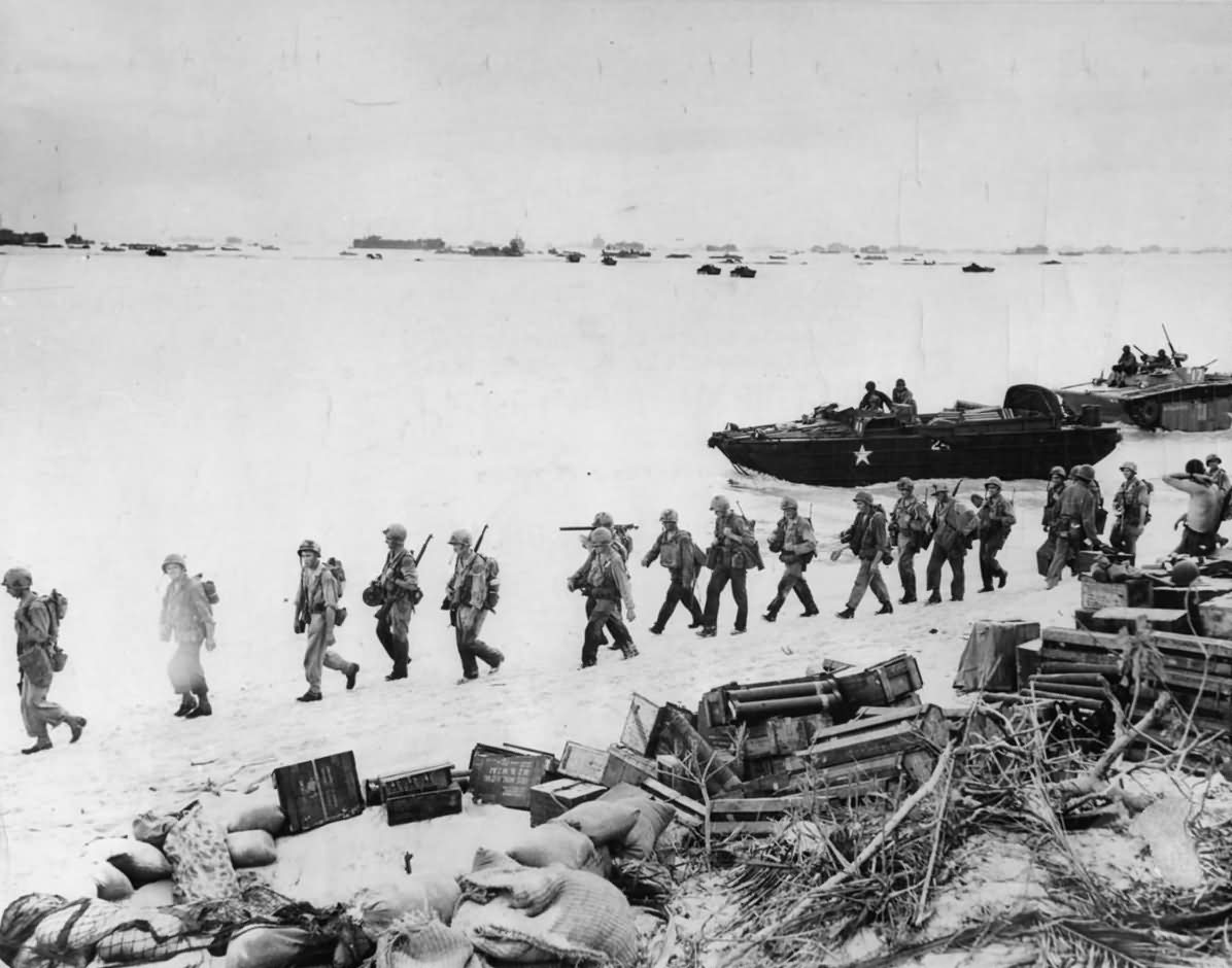 Troops Deploy from LVT Alligator amphibious on Saipan Beach