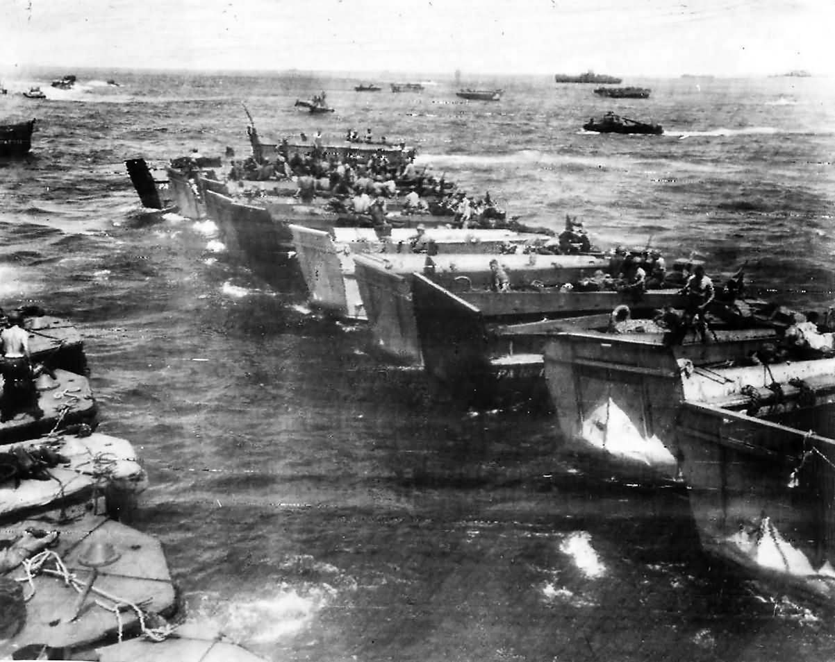 Troops in Landing Barges Await Signal for Saipan Invasion 1944