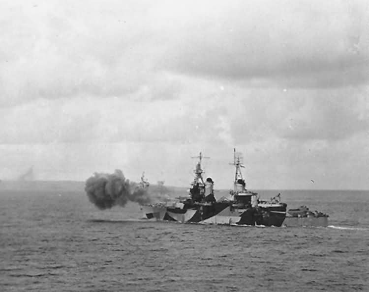 US Navy ship Bombarding Saipan Beach