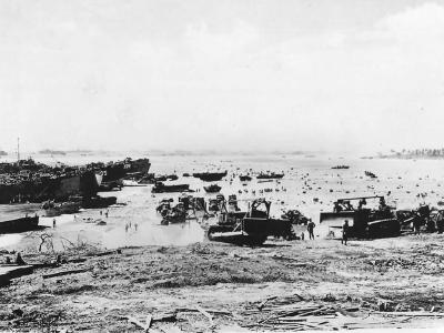 US Troops LCM Bulldozers and Trucks on Saipan Beach