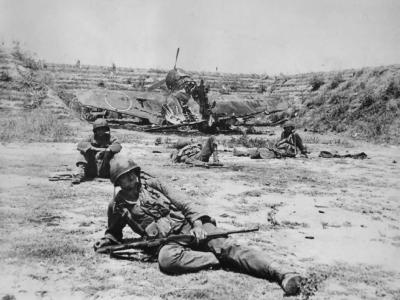US Troops by Knocked Out Japanese A6M5 Zero on Saipan