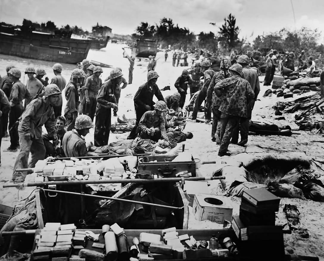 Wounded US Soldiers Saipan Beach June 1944