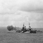 US Navy ship Bombarding Saipan Beach