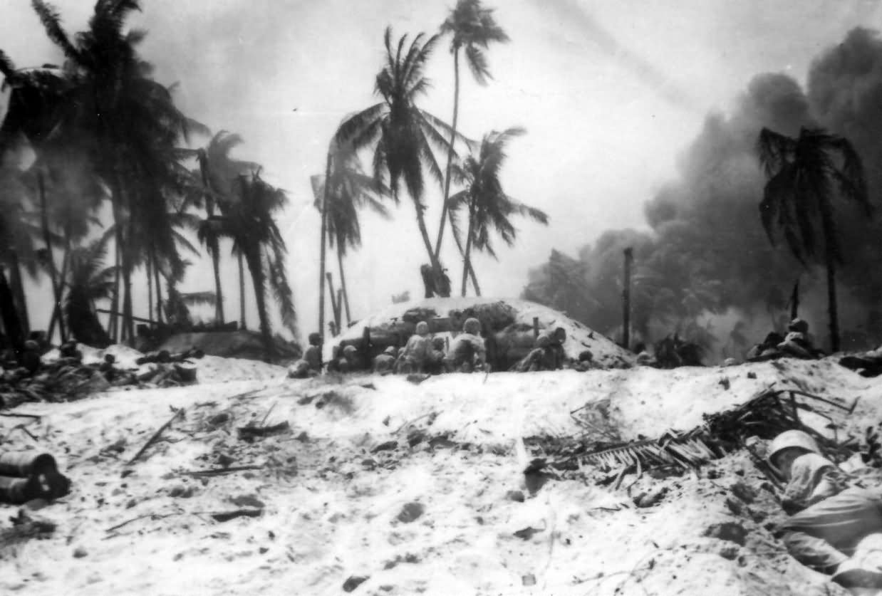 Marines Take Cover From Japanese Fire On Tarawa 1943