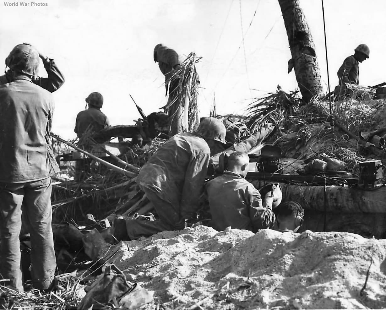 Marines manning field telephone at Communications Post on Tarawa