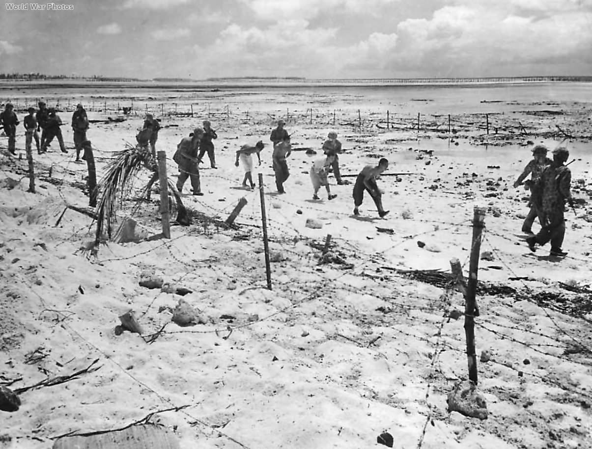 Marines march Japanese prisoners along Tarawa Beach