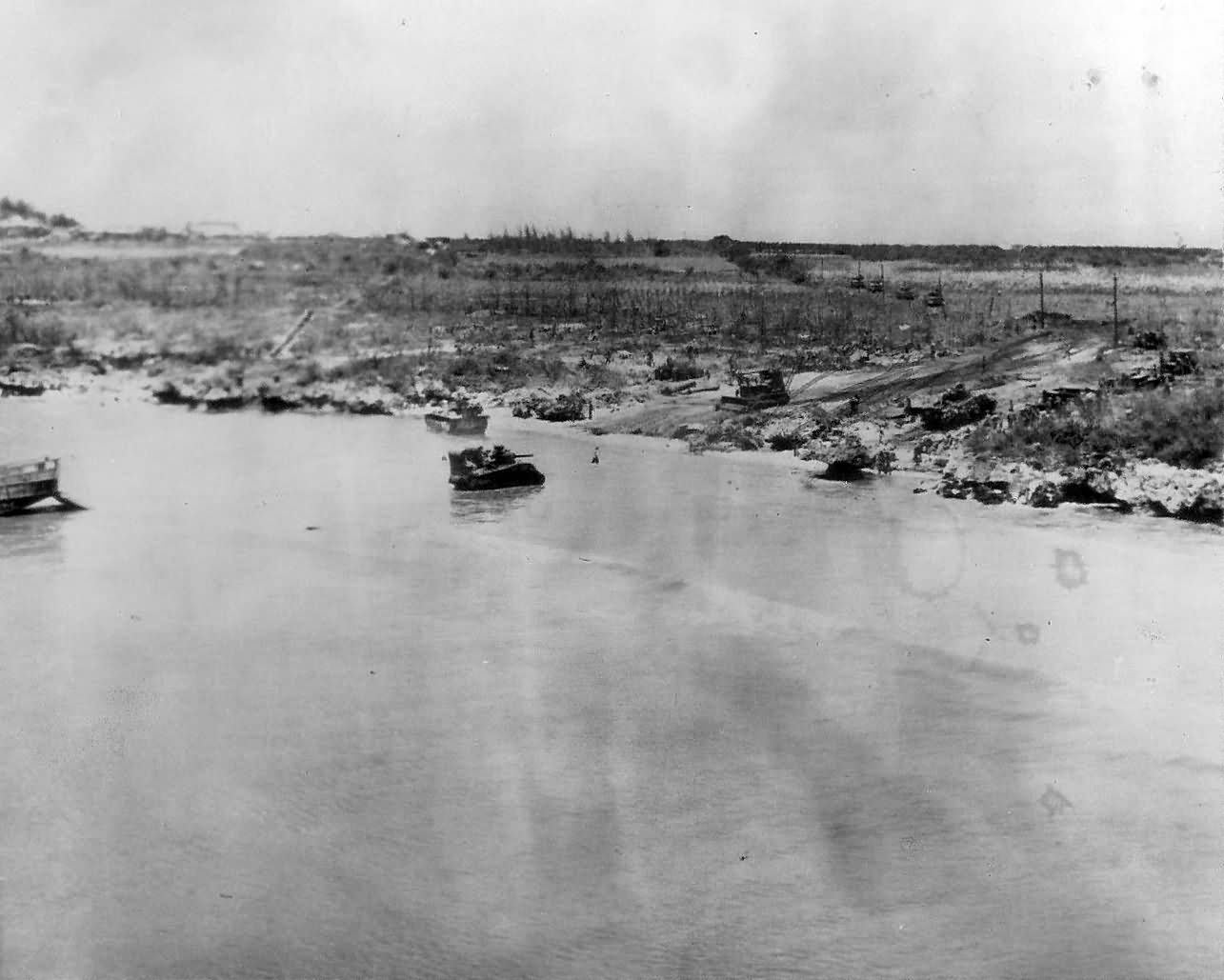 Marine M4 Sherman Tanks Land Beach Tinian 1944