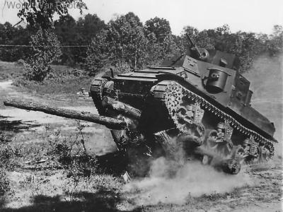 1st Armored Division M2A1 crushes a road block at Fort Knox 1941 2