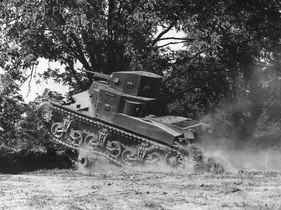 1st Armored Division M2A1 crushes a road block at Fort Knox ’41