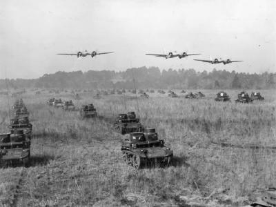 A-18 and M2A2 Tank Formation on Maneuvers 1940