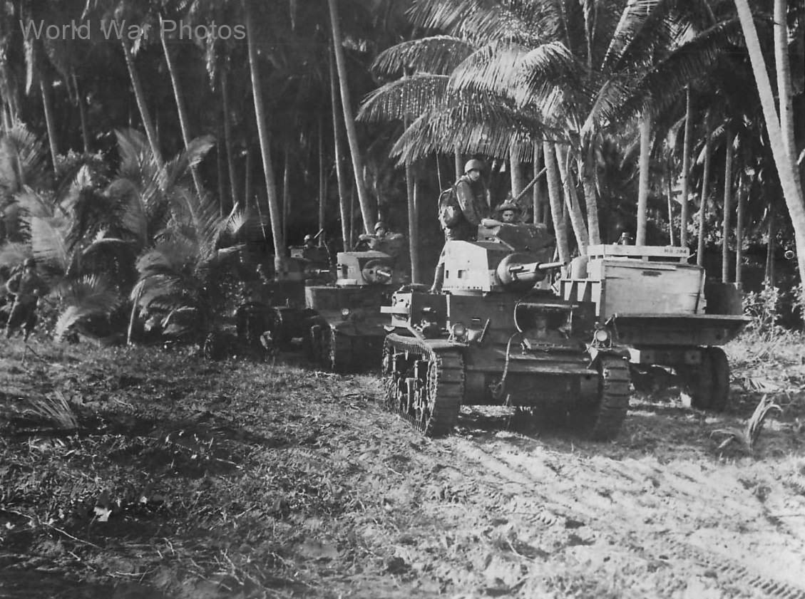 Marine M2 and M3 tanks move to front lines on Guadalcanal 1942