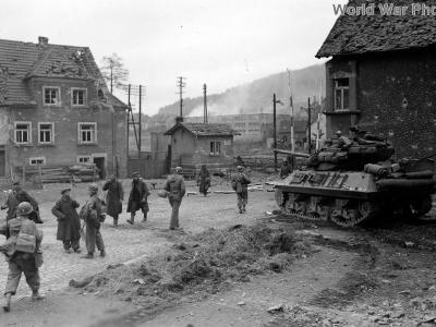 M36 and Troops from 45th ID with group of liberated Russian slave laborers