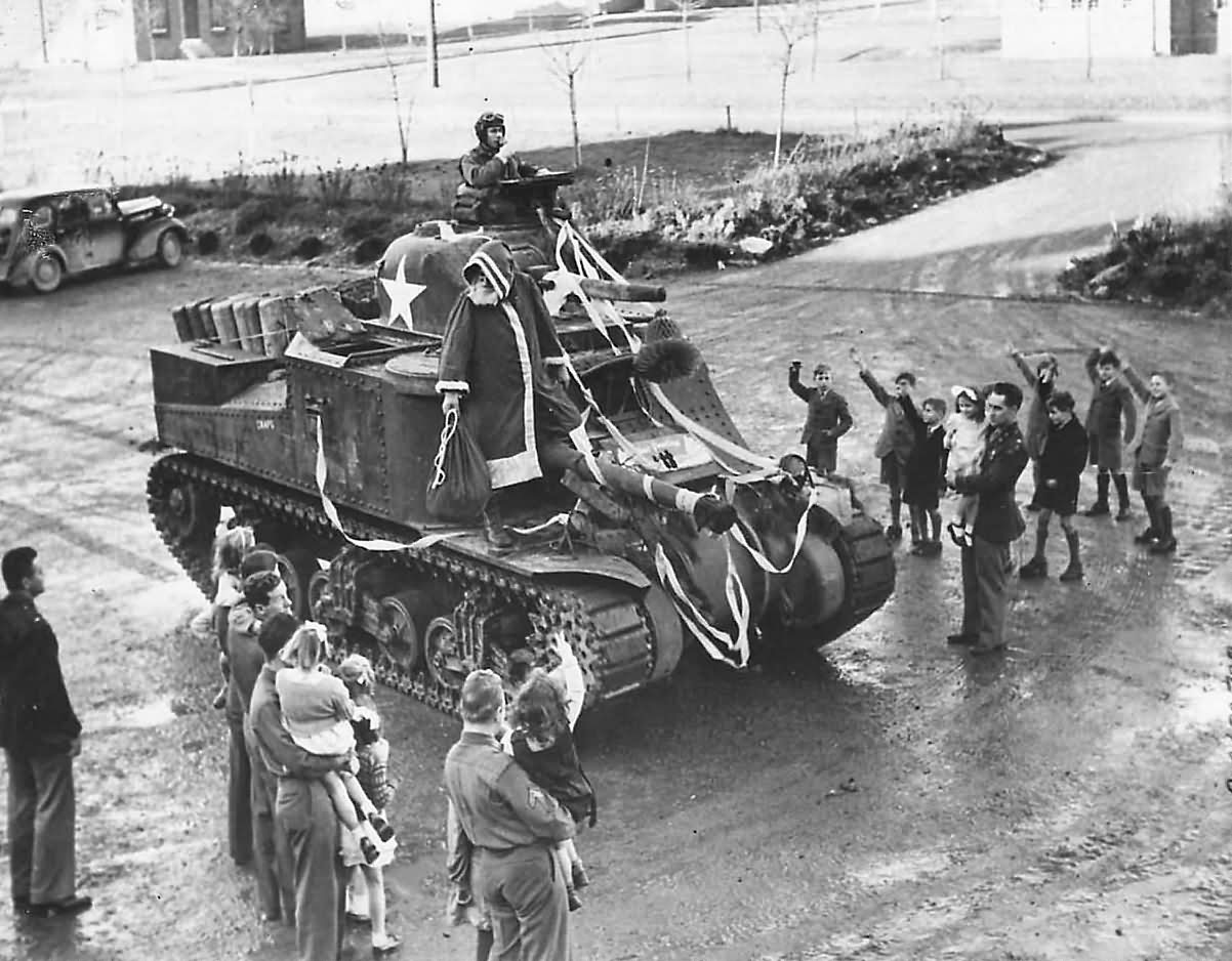 US Army Soldier Santa Arrives on M3 Lee Tank for British Children 1943