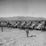 Crews lined up by M3 Lee tanks at Indio, California Desert Training Center 1942