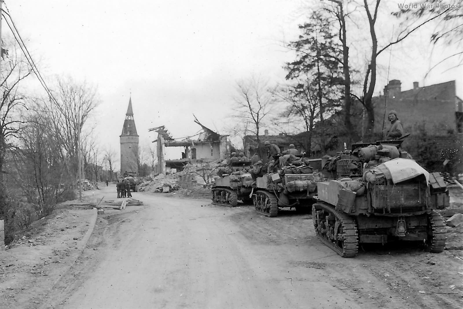 Column of M5 from 12th AD, D Company, 714th TB Kitzingen April 1, 1945