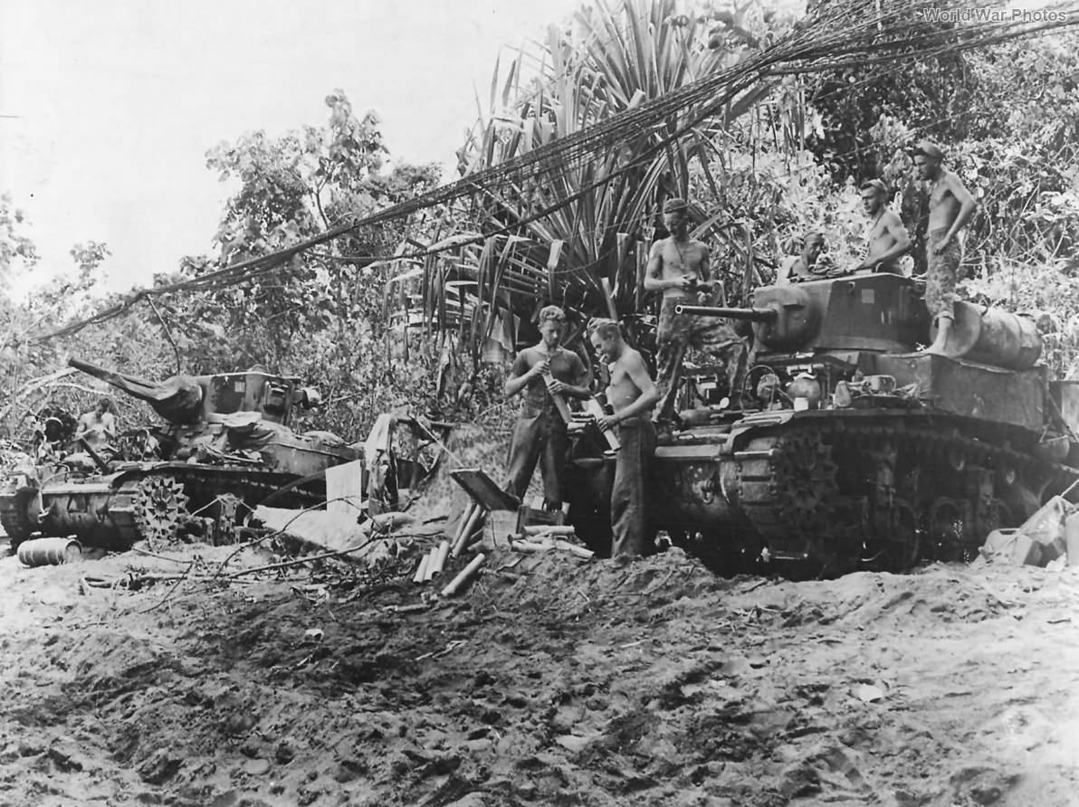 Marines Repairing M3A1 Stuart on Bougainville Beach 1943