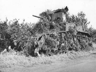 Crew resting by their camouflaged M3 New Caledonia
