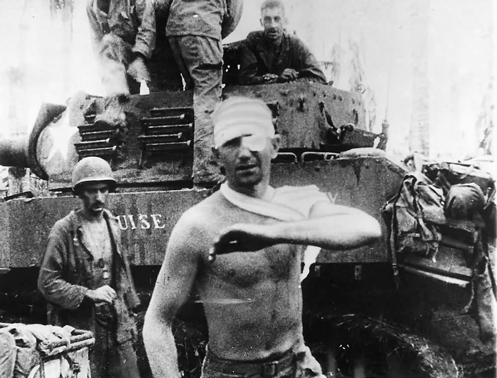Battered M8 HMC Scott Tank Crew After Battle On Leyte 1945