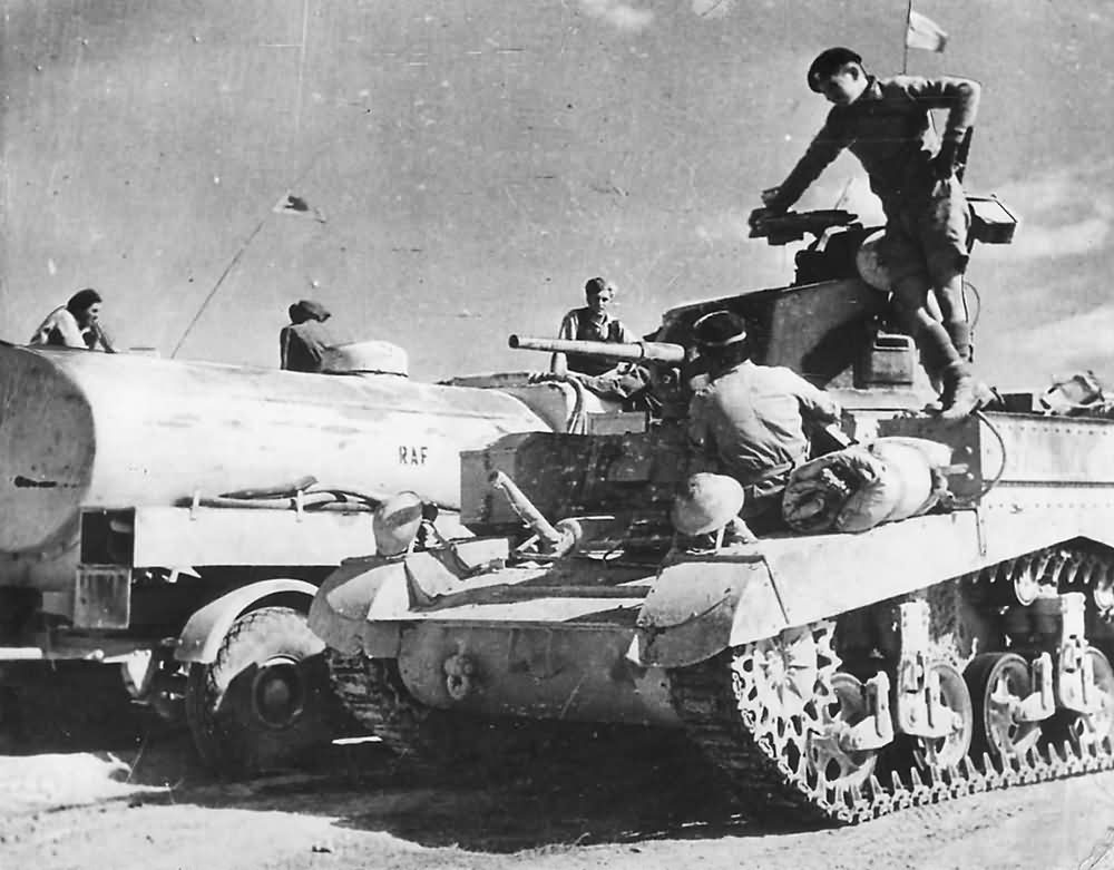 British M3 Stuart Tank Refuelled By RAF Fuel Bowser Outside Sidi Barrani 1942