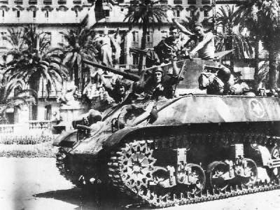 French Soldiers Wave From M3A3 Stuart tank Moving Thru Streets Toulon 1944
