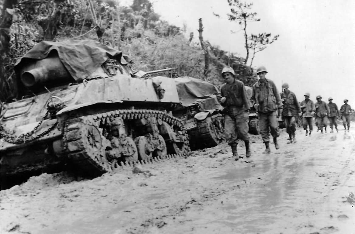 M8 HMC and Infantrymen of 77th Division 10th Army on Okinawa