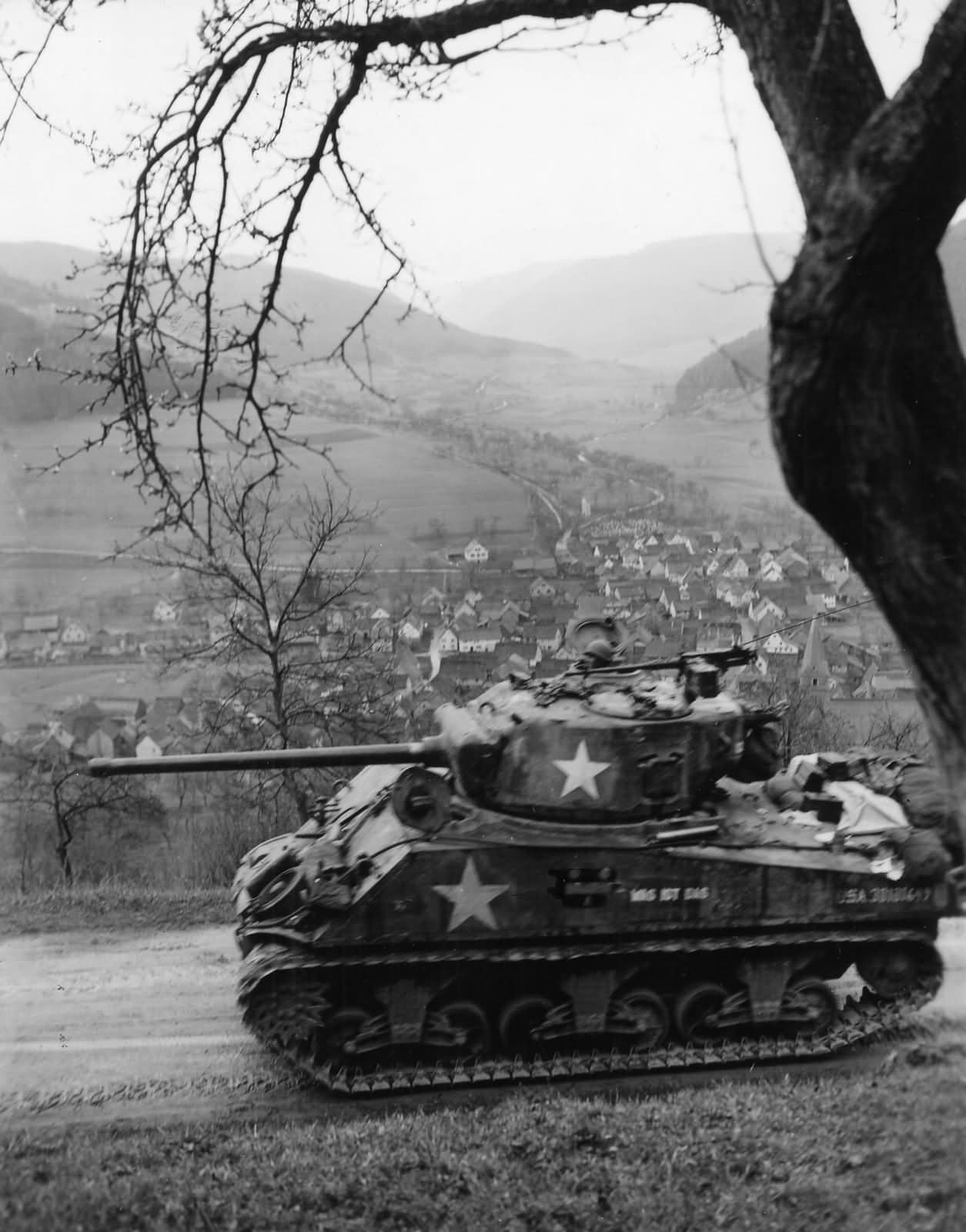 12th Armored Division M4A3 Sherman in Schneeburg Germany 1945