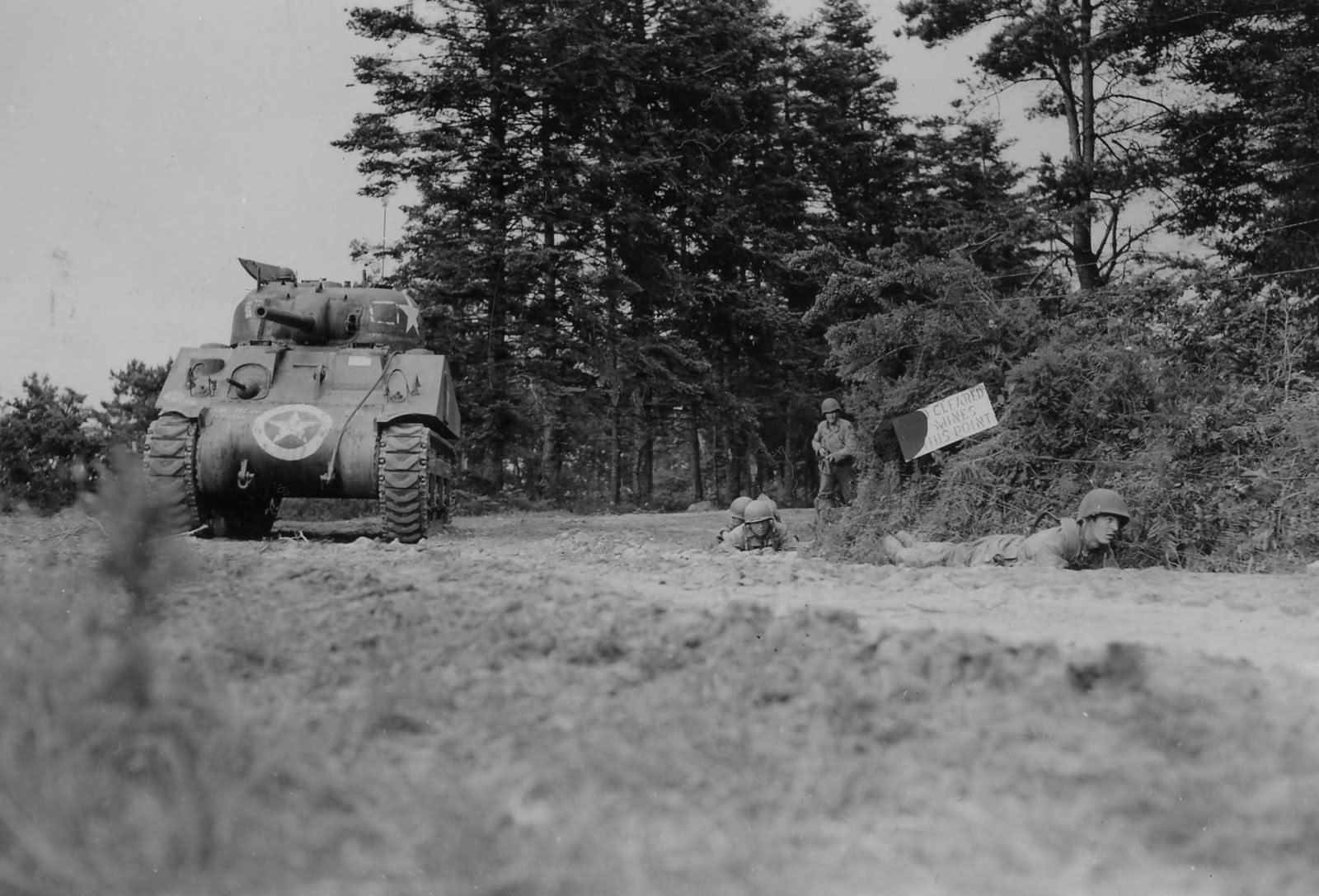 1st Army M4 Sherman Supporting Infantry Drive on St. Georges France July 1944