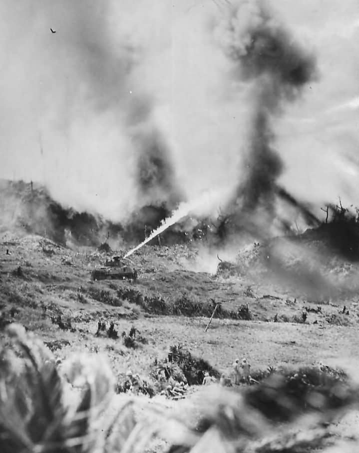 1st Division Marines and M4A3R3 Flame Throwing Tank on Okinawa | World War Photos