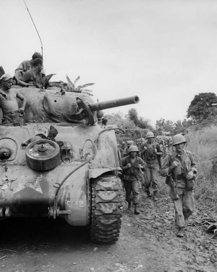 37th Infantry Division M4 Sherman and troops advance on Manila 1945