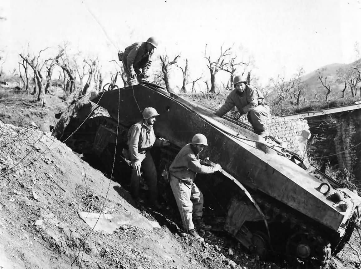 5th Army Troops with Knocked Out Sherman M4 Tank in San Pietro