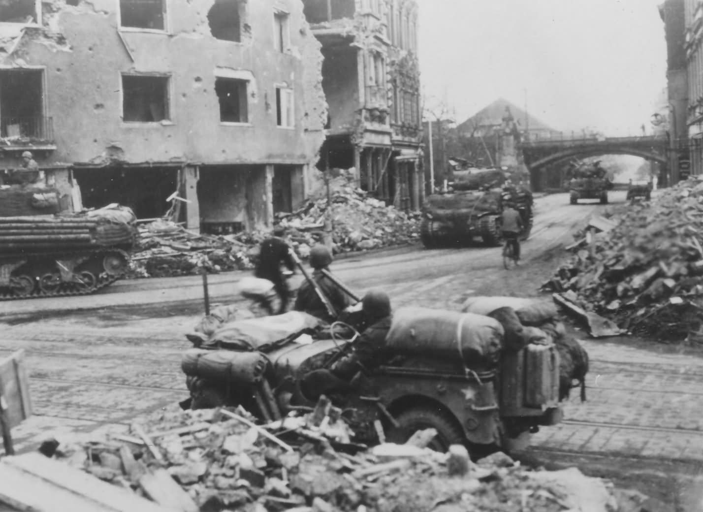 9th Army Jeep and M4 Sherman tanks at Krefeld Germany