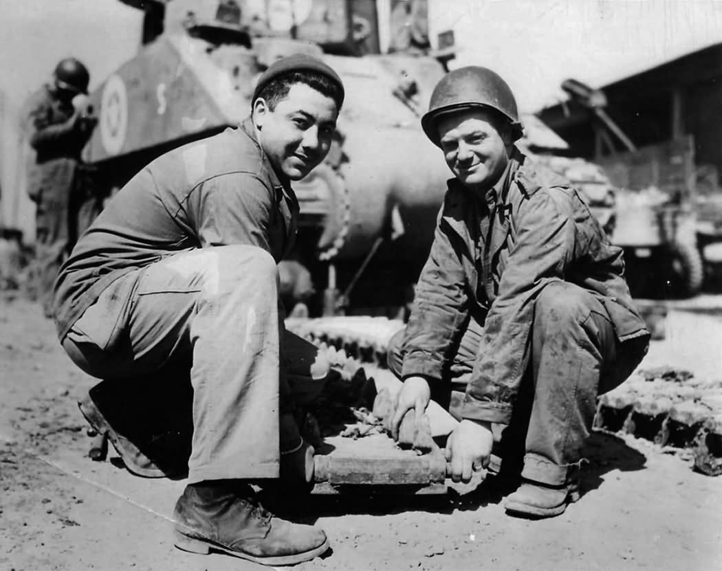 American Soldiers Repair 5th Army M4 Sherman Tank Track at Anzio Depot 1944