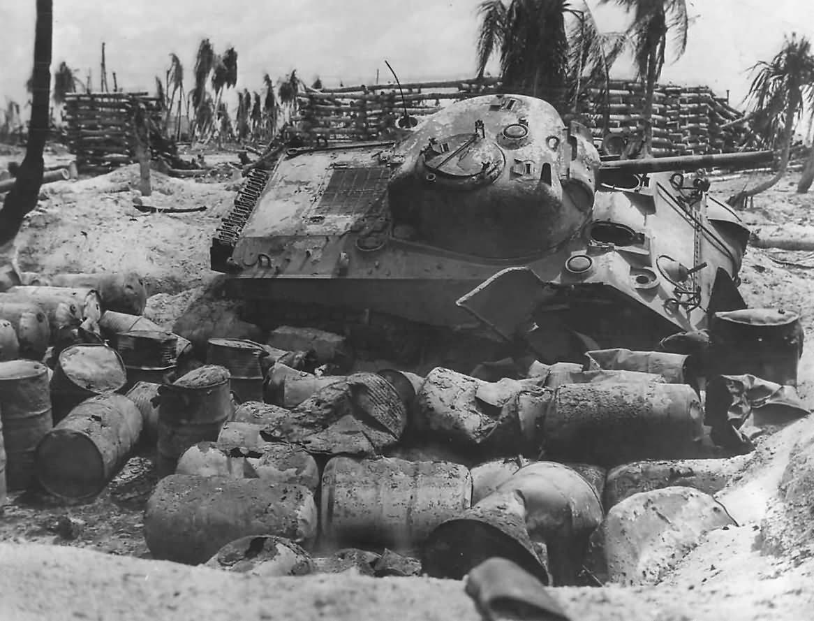 Knocked Out M4 Sherman Tank on Tarawa 1943
