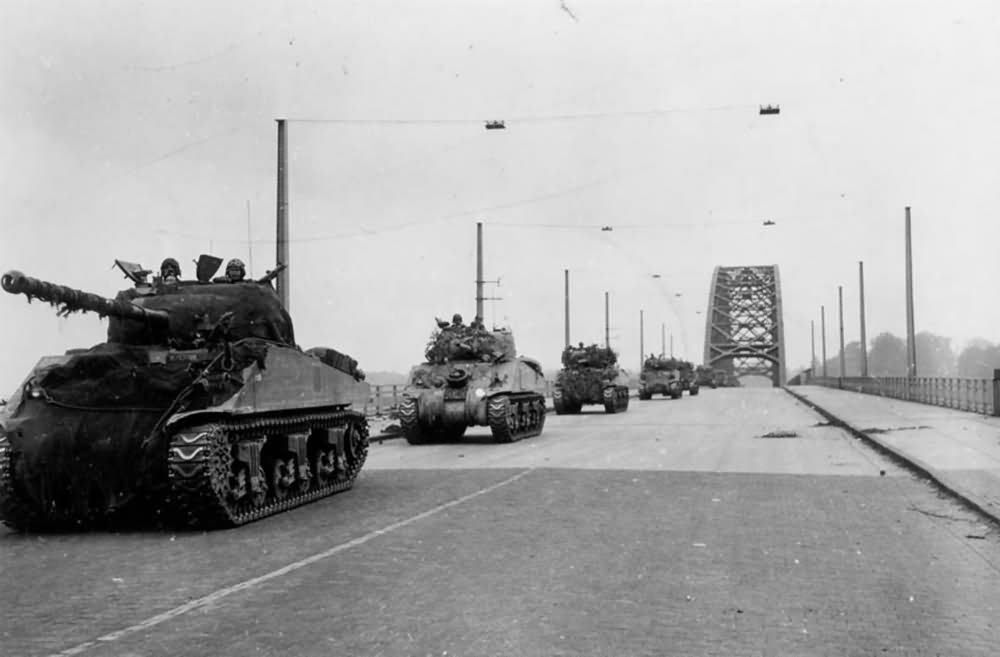 M4 Sherman tanks Nijmegen Holland during operation Market Garden 1944. 30th Corps, September 21, 1944
