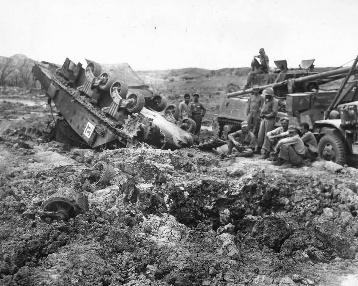 M4 Sherman Tank Overturned after Hitting Mine on Okinawa 1945