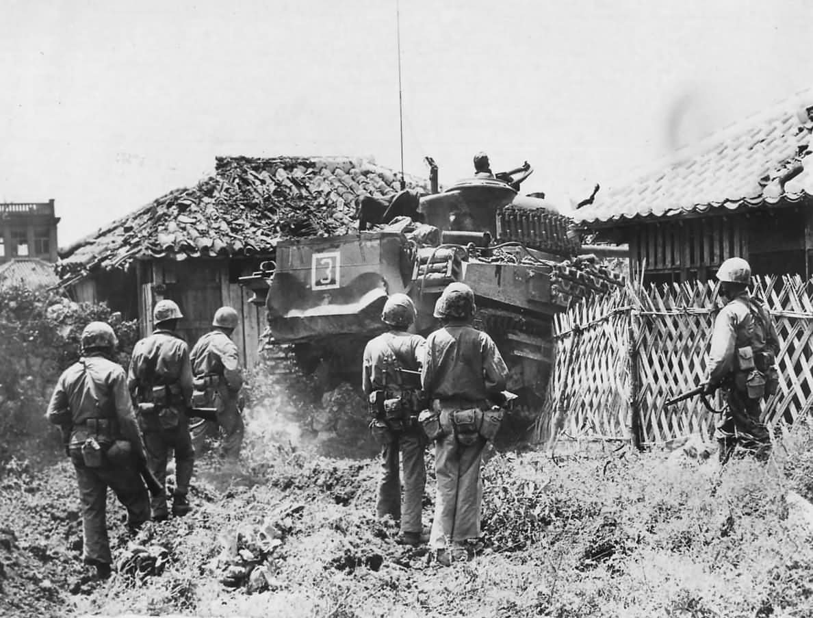 M4 Sherman and 6th Division Marines Entering Naha Okinawa 1945