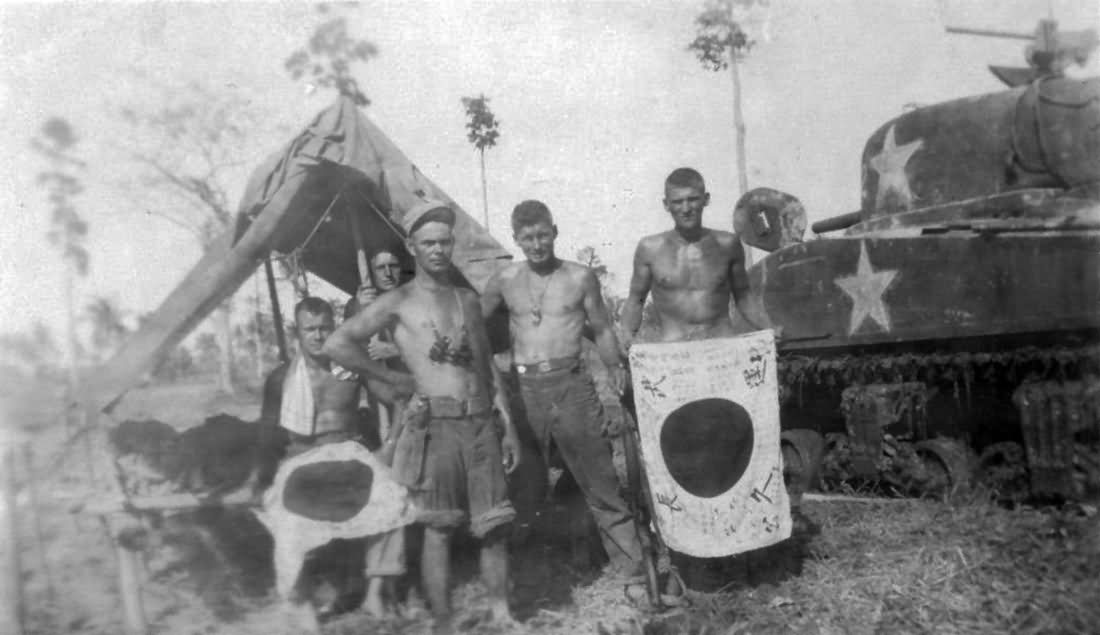 M4 Sherman tank Crew With Captured Japanese Flags