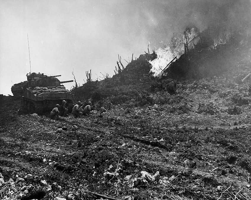 10th Army Flame Throwing M4 Sherman Tank in Action Okinawa 1945