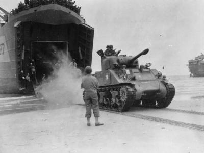 2nd Free French Armored Division M4A2 Sherman Debarks from LST at Utah Beach Normandy 1944