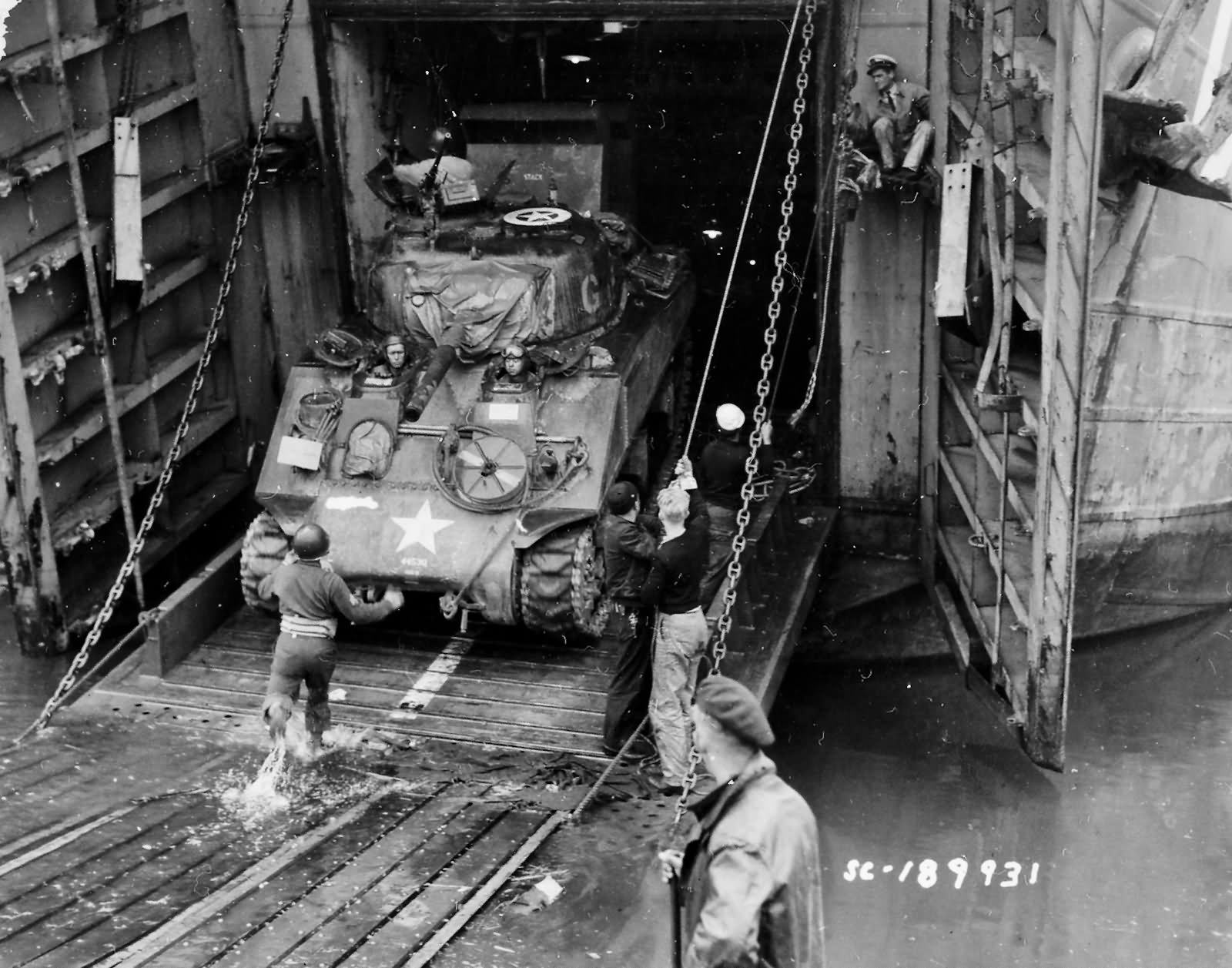 2nd Armored Division M4 Sherman Debarks LST Normandy June 1944