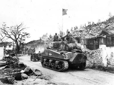 3rd Marine Division Troops and M4 Sherman Tank Moves thru Agana Guam