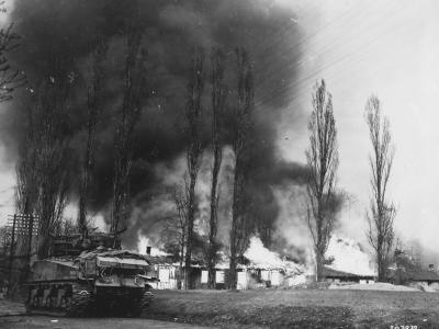 45th Infantry Division M4 Sherman Blasts Sniipers from House Aschaffenburg 1945
