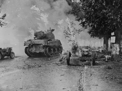 5th Armored Division M4 Sherman Jeep Passing German 75mm AT Gun Dreux France