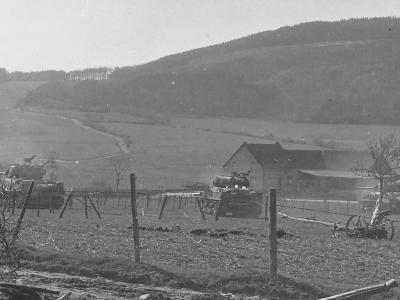 7th Armored Division M4 Sherman Tanks in action Grevenstein Germany 1945
