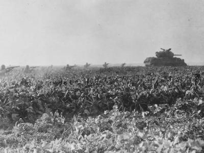 9th Army M4 tank and infantry team Germany November 1944