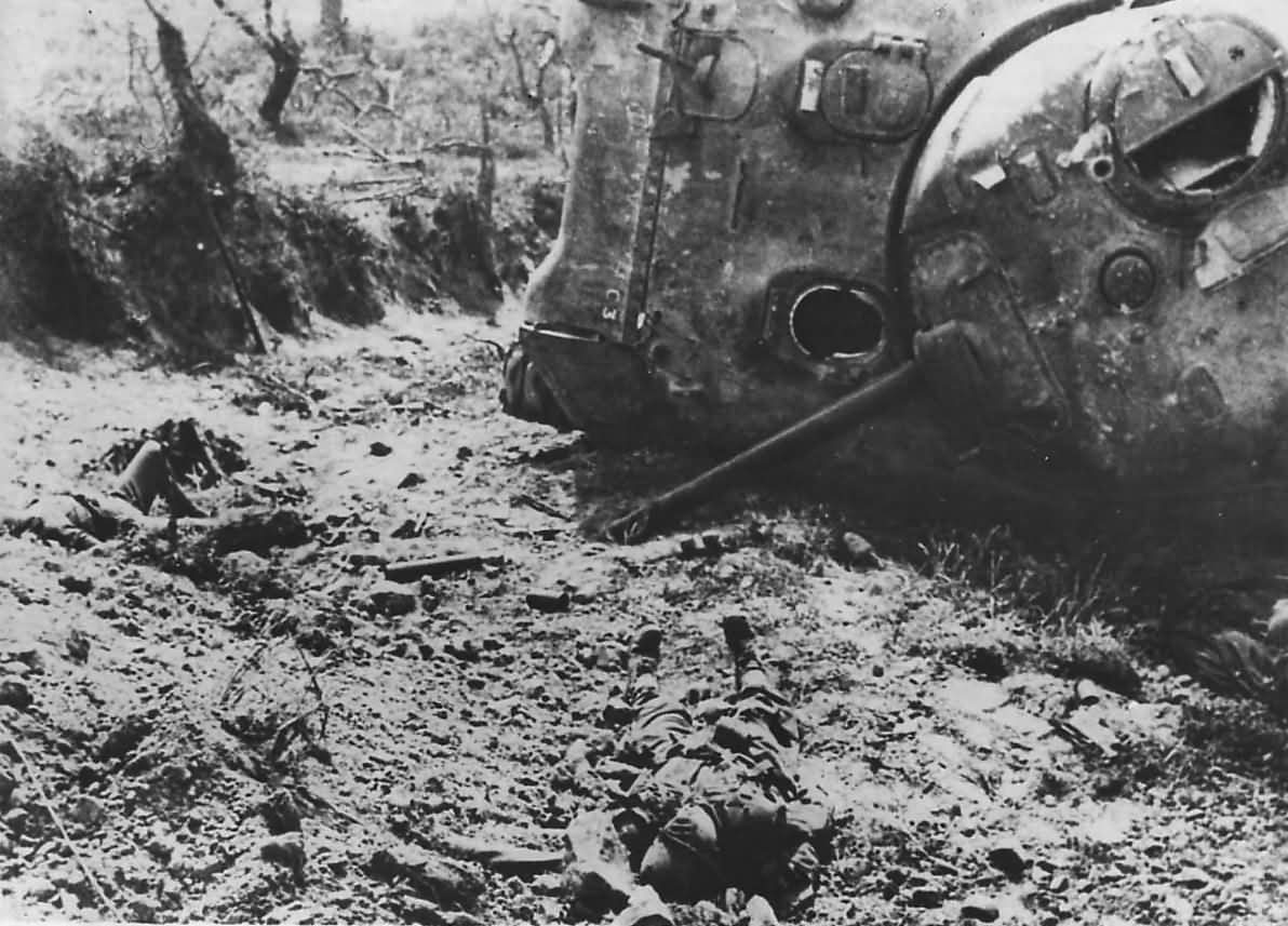Bodies of US Infantrymen by M4 Tank in Santa Maria Infanta Italy 1944
