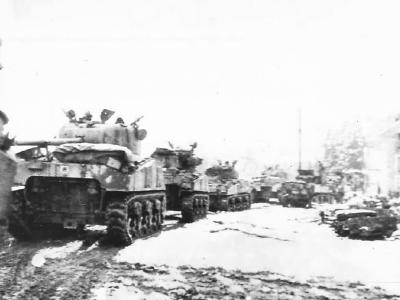British Manned Sherman Tanks Advancing in Belgium 1945